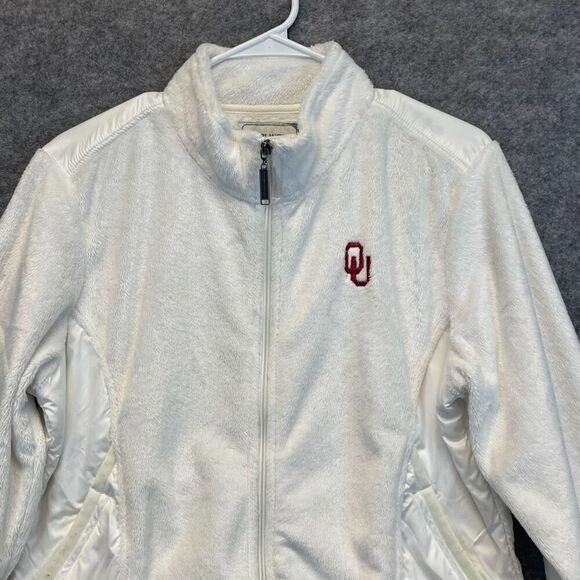 OU Jacket Women's Large White Full Zip Oklahoma University Logo Faux Fur Soft - Picture 1 of 15
